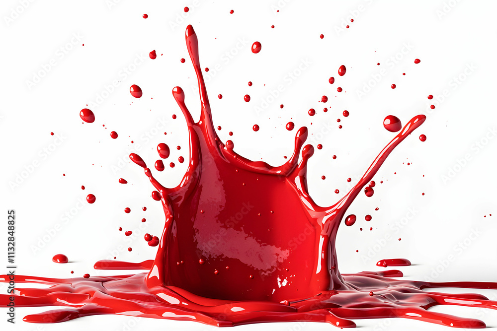 Poster vibrant red paint splash with dynamic splatter effect on white background