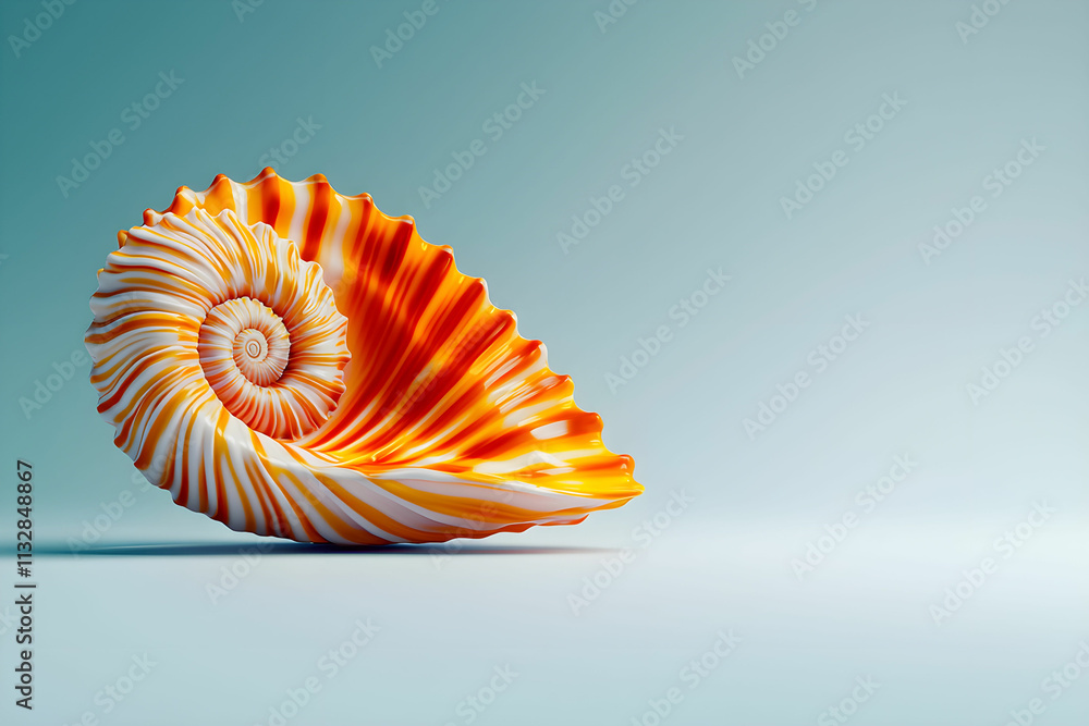 Poster stunning close-up of a nautilus shell with striking orange and white swirls resting on a soft gradie