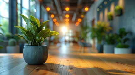 Fototapeta premium A potted plant sits on a wooden table in a modern setting.