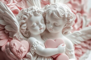 Fototapeta premium Valentine's Day background, cupid figurines in delicate pastel colors, pink and white, love, tenderness