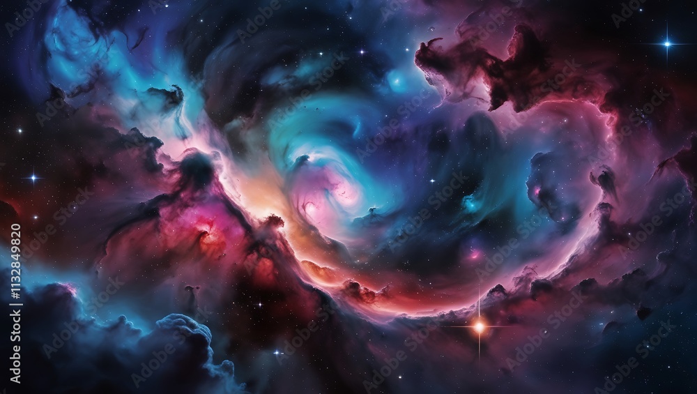 Poster abstract nebula in deep space with swirling clouds of gas and distant stars illuminating the scene