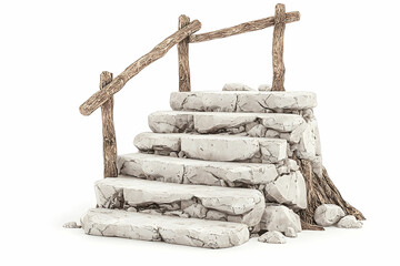 Obraz premium Cracked Stone Steps with Wooden Railing Surrounded by Natural Elements in a Minimalist Style