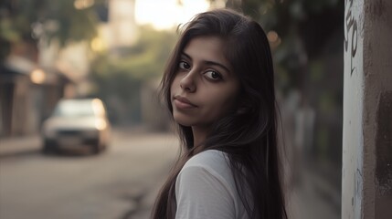 Fototapeta premium Woman with long hair is standing in front of a wall
