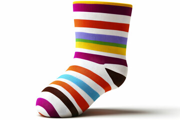 Obraz premium Colorful Striped Sock on a White Background with Vibrant Patterns and Textures for Fashion and Apparel Imagery
