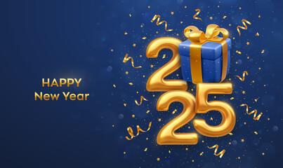 Fototapeta premium Happy New 2025 Year. Golden metallic luxury numbers 2025 with blue gift box with golden bow on blue background. Merry Christmas and Happy New Year 2025 greeting card. Vector illustration.