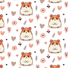 Children's seamless pattern with orange and white hamster, pink flowers, hearts, branches with leaves