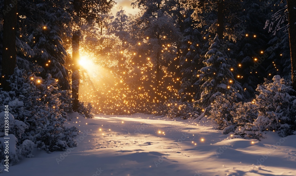 Poster a serene winter forest with sunlight filtering through snowy trees.