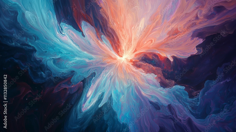 Poster dynamic abstract art ethereal fusion of blue and coral light in a cosmic digital perspective