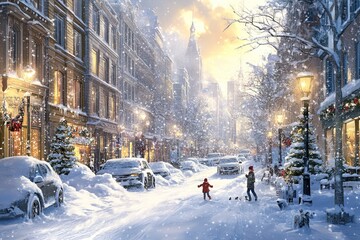 Fototapeta premium charming holiday cityscape overwhelmed by massive snowfall with vehicles barely visible beneath deep snowbanks
