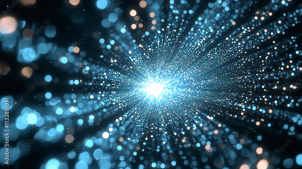 Poster Glowing particles burst in dark void abstract visuals digital art cosmic environment close-up view enigmatic concept