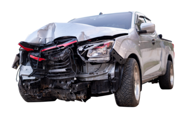 Car, Side view of gray or bronze pikup car get damaged by accident on the road. damaged cars after collision. isolated on transaprent background, PNG File
