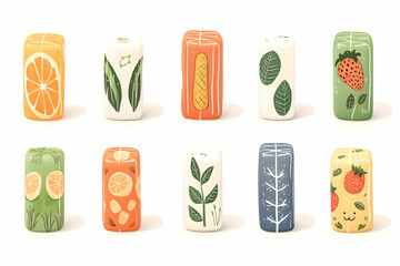 Fototapeta premium Colorful Fruit and Leaf Patterns on Stylized Containers for Creative and Whimsical Design Projects