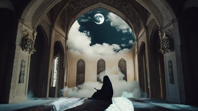 Muslim spiritual background symbolic featuring a female silhouette reading quaran/praying in a majestic heavenly mosque filled with clouds. Prayer at a full moon. Islamic religious motion graphics.