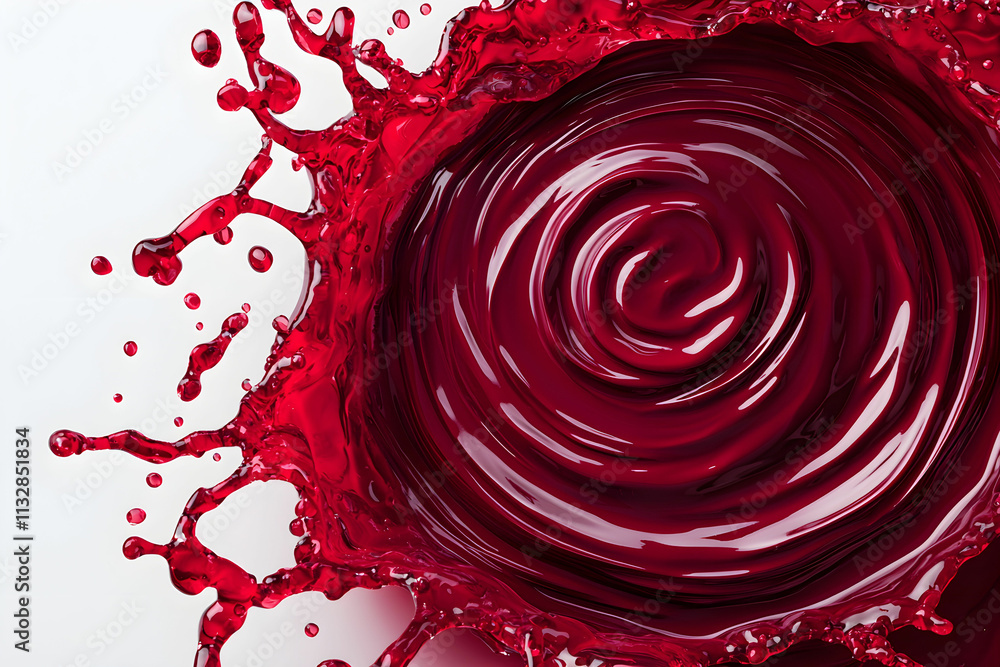 Poster vivid red liquid splash creating a dynamic circular pattern on white background