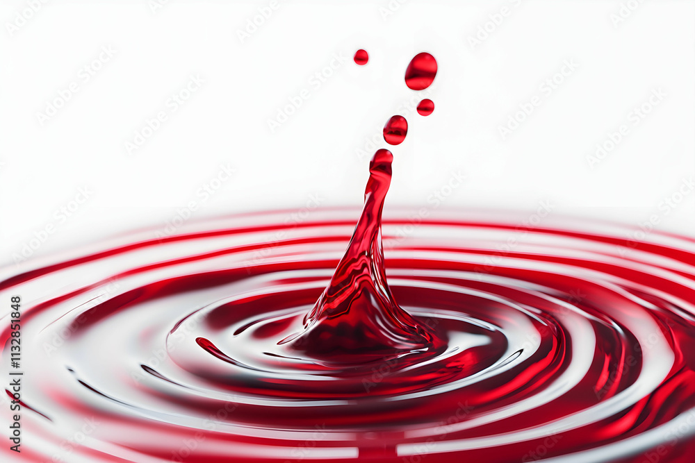 Poster red liquid splash with droplets creating ripples in calm waters on a white background