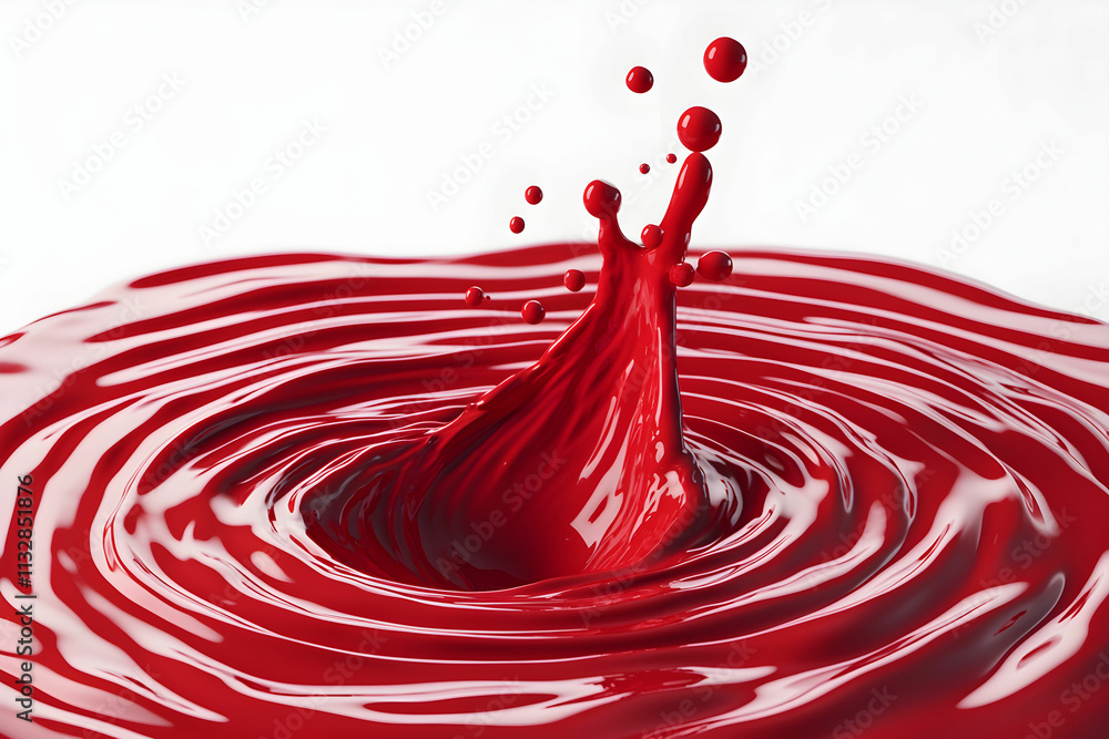 Poster vibrant red paint splash displaying dynamic movement on white surface with glossy texture and ripple