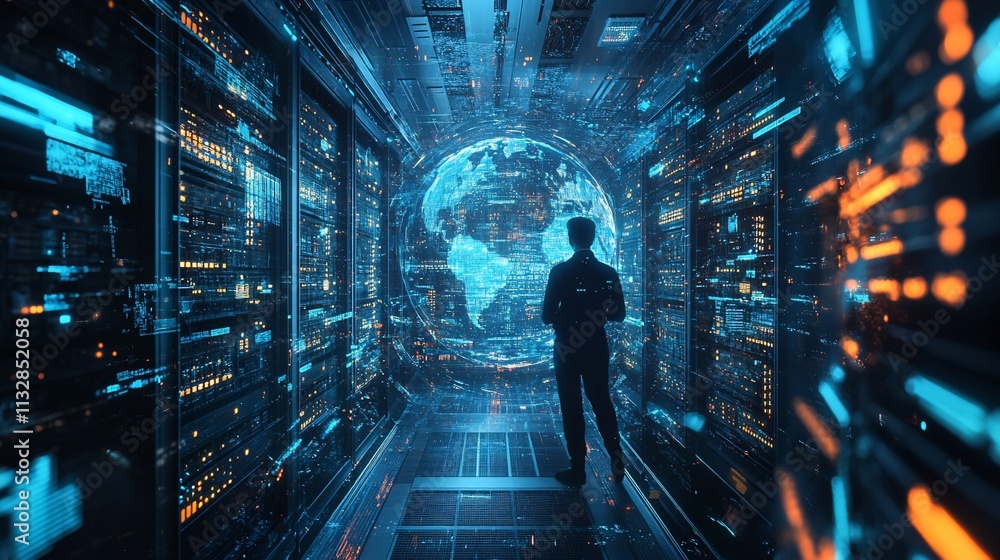 Poster A silhouette stands in a high-tech data center with a globe projection.