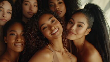 Obraz premium A group of women with long hair are smiling for a photo