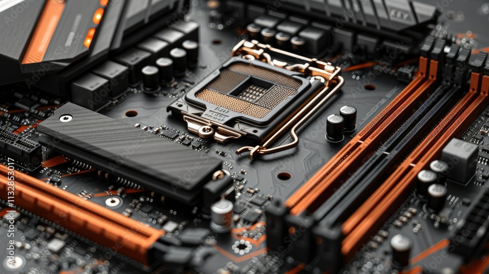 Poster Close-up of a computer motherboard with CPU socket and RAM slots.