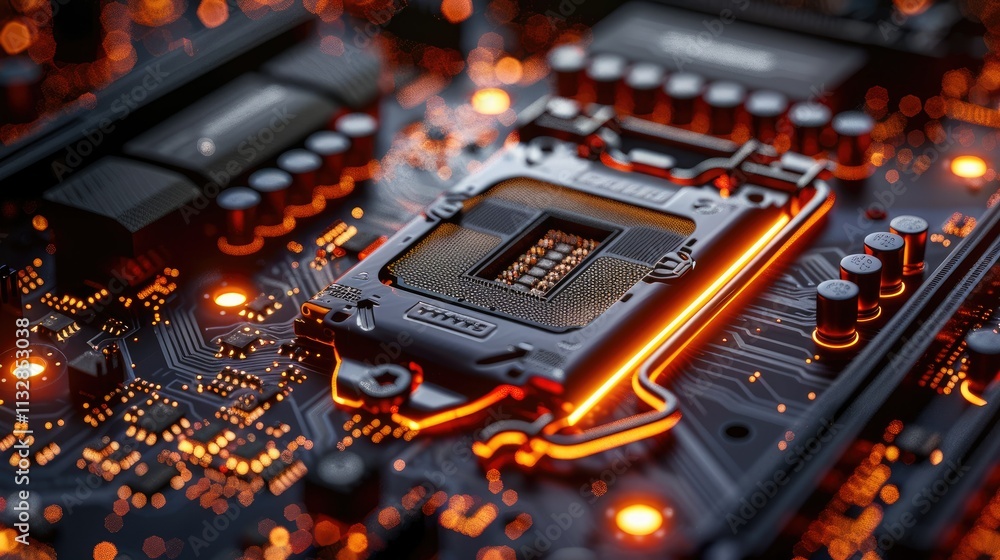 Poster close-up of a computer motherboard with cpu socket glowing orange.