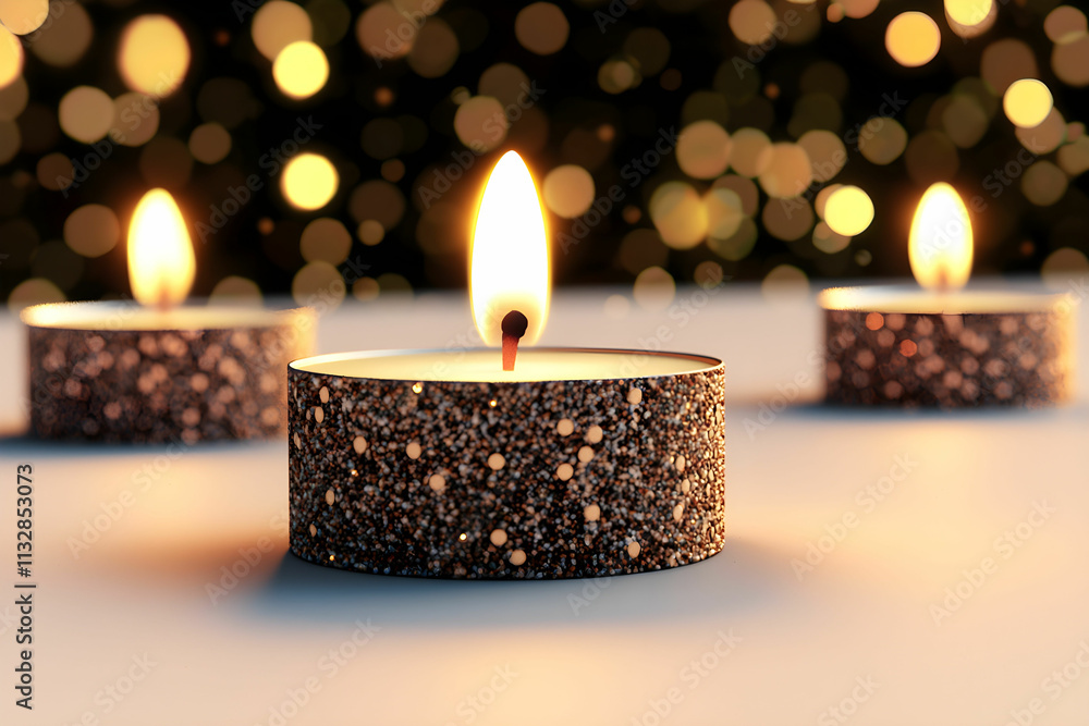 Poster soft glowing candles on a table with glittering bokeh background for relaxing ambiance and peaceful 