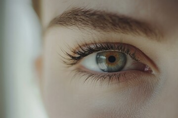 Obraz premium Close-up of a woman's eye, showcasing its captivating green-grey iris and long dark lashes.