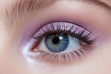 Obraz premium Close-up of a woman's eye with lavender eyeshadow and long lashes, showcasing beautiful blue iris.