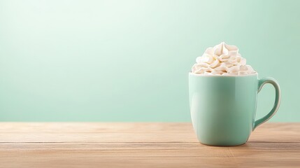 A beautifully styled cup filled with cream and topped with whipped topping, resting on a wooden surface against a soft mint background, Ideal for coffee-related blogs, menus, or promotional materials