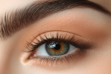 Close-up of a beautifully made-up eye with defined brows and peachy eyeshadow.
