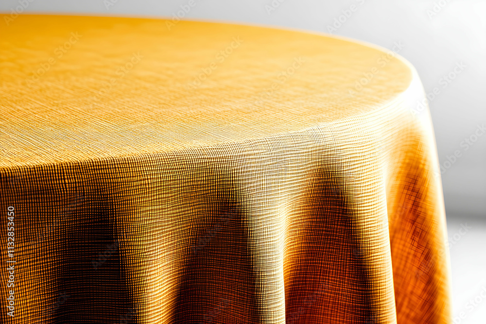 Poster elegant and textured yellow tablecloth draped on round table in soft lighting for stylish event deco