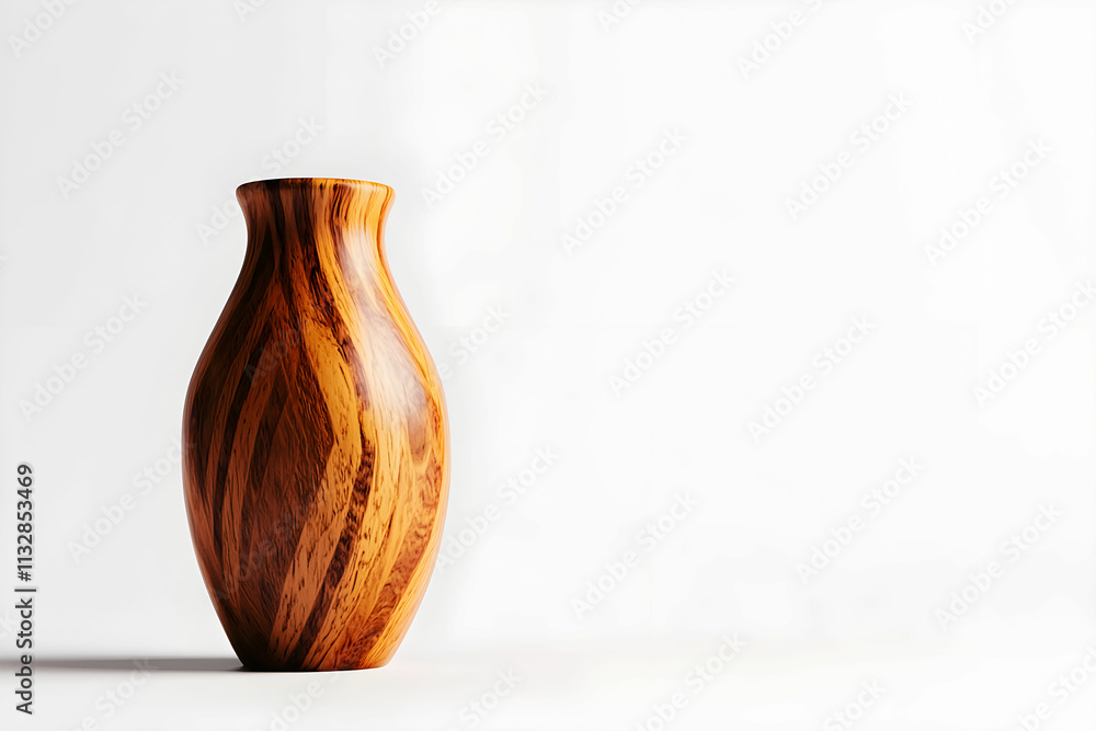 Poster elegant wooden vase with smooth curves and striking grain pattern on a minimalist background
