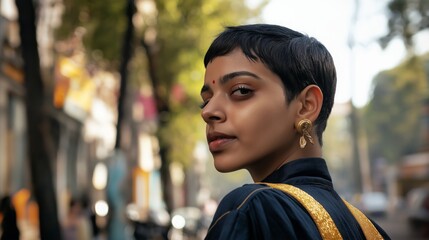 Fototapeta premium Woman with short hair and gold earrings