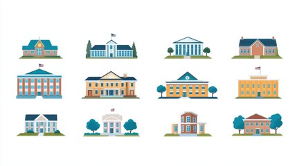 Fototapeta premium Design inspiration featuring a diverse array of school structures in flat illustration style.