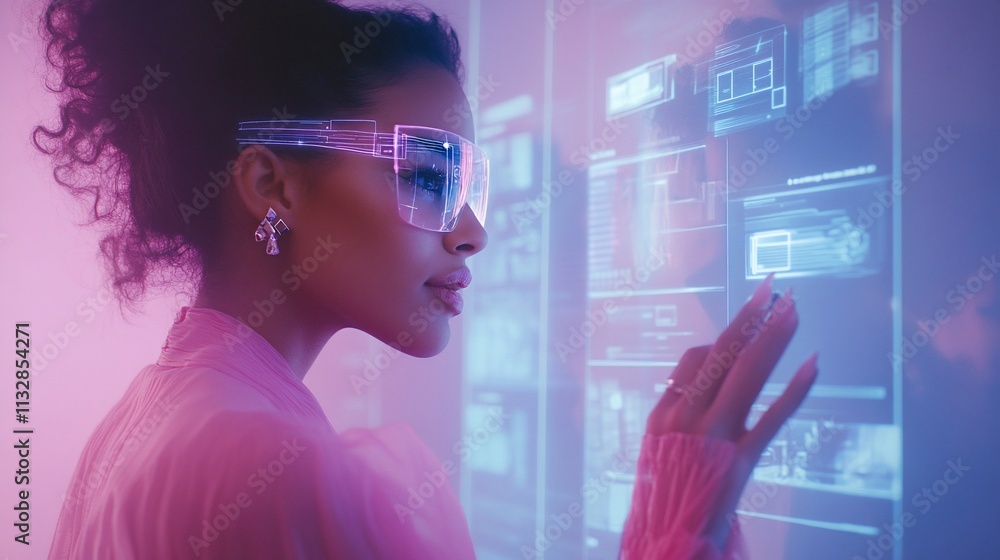 Poster a woman interacts with a futuristic digital interface in a vibrant setting.