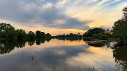 Fototapeta premium sunset by the Danube river in Novi Sad