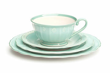 Fototapeta premium Elegant Mint Green Fine China Tea Set with Decorative Floral Design on Plates and Cup