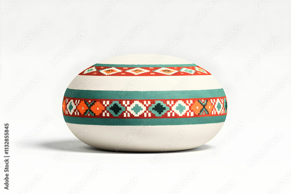 Poster decorative pottery piece with intricate geometric patterns in vibrant colors and smooth rounded shap