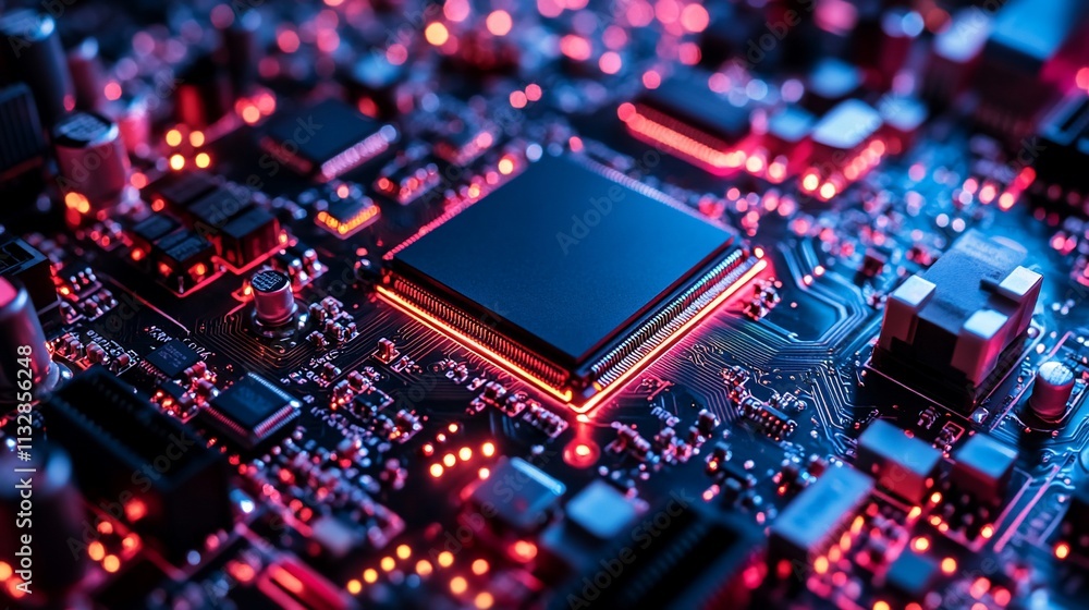 Poster Close-up of a circuit board with glowing components and a central processor.