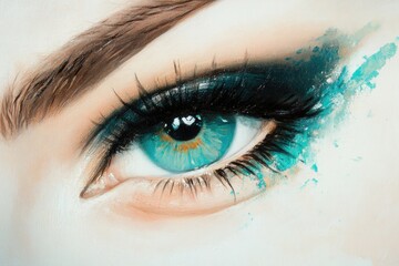 Obraz premium Close-up of a woman's eye with teal eyeshadow and dramatic lashes.