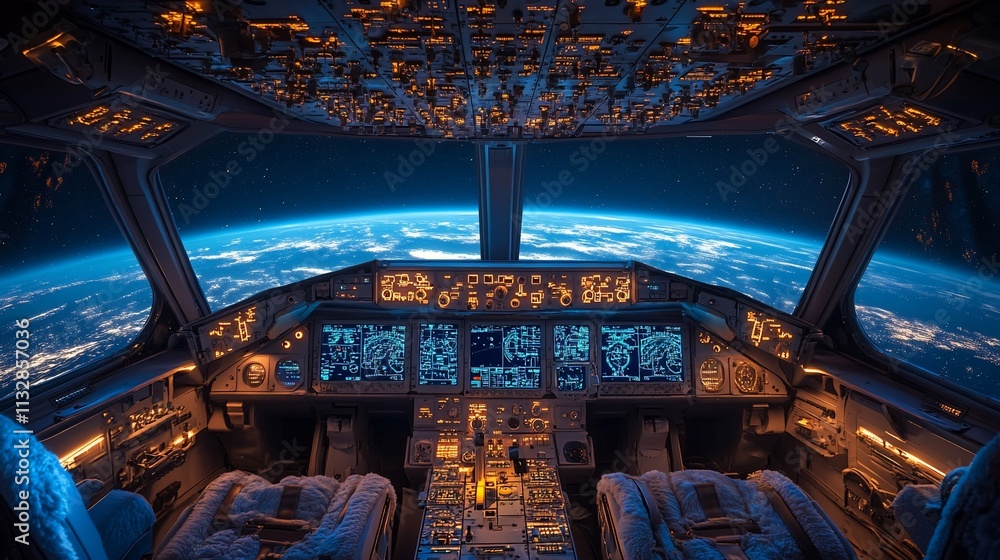 Poster Cockpit view of a spacecraft overlooking Earth from space.