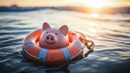 The floating piggy bank represents the urgent need for financial stability during tough times.
