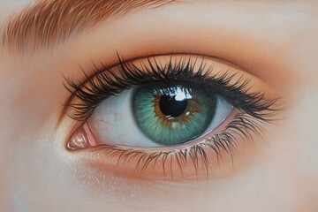 Obraz premium A hyperrealistic painting of a captivating eye, showcasing intricate details and vibrant green color.