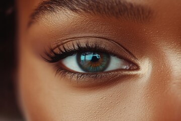 Fototapeta premium Close-up of a woman's captivating eye, showcasing beautiful lashes and mesmerizing teal iris.