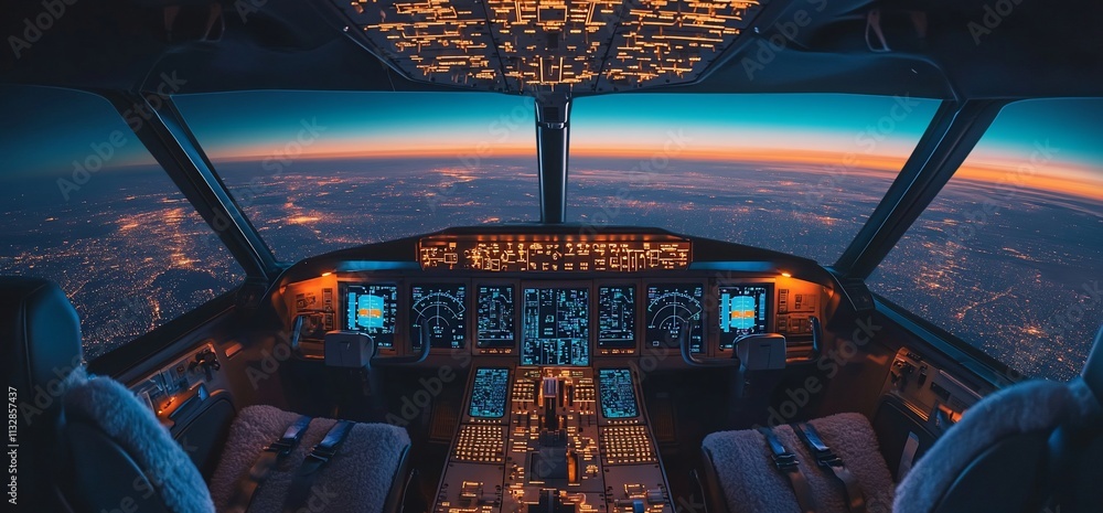 Poster cockpit view of an aircraft during twilight, showcasing instruments and horizon.