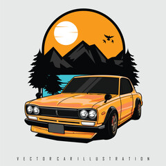 YELLOW MUSCLE CAR ILLUSTRATION WITH A GRAY BACKGROUND.eps