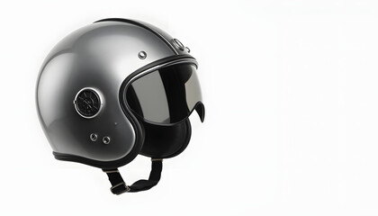 silver vintage classic biker helmet isolated over white background, dinamic scene