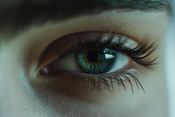 Fototapeta premium Close-up of a captivating green eye, long lashes, and detailed skin texture.