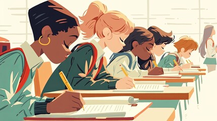 Diverse students focused on classroom writing assignments in a bright school setting