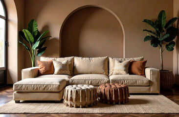 The interior of the bedroom, the decor are made in the color scheme of 2025 mousse moka
