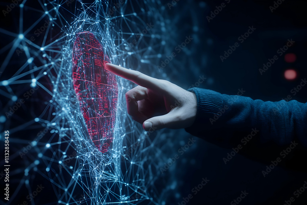 Poster hand interacting with a digital fingerprint on a futuristic interface.